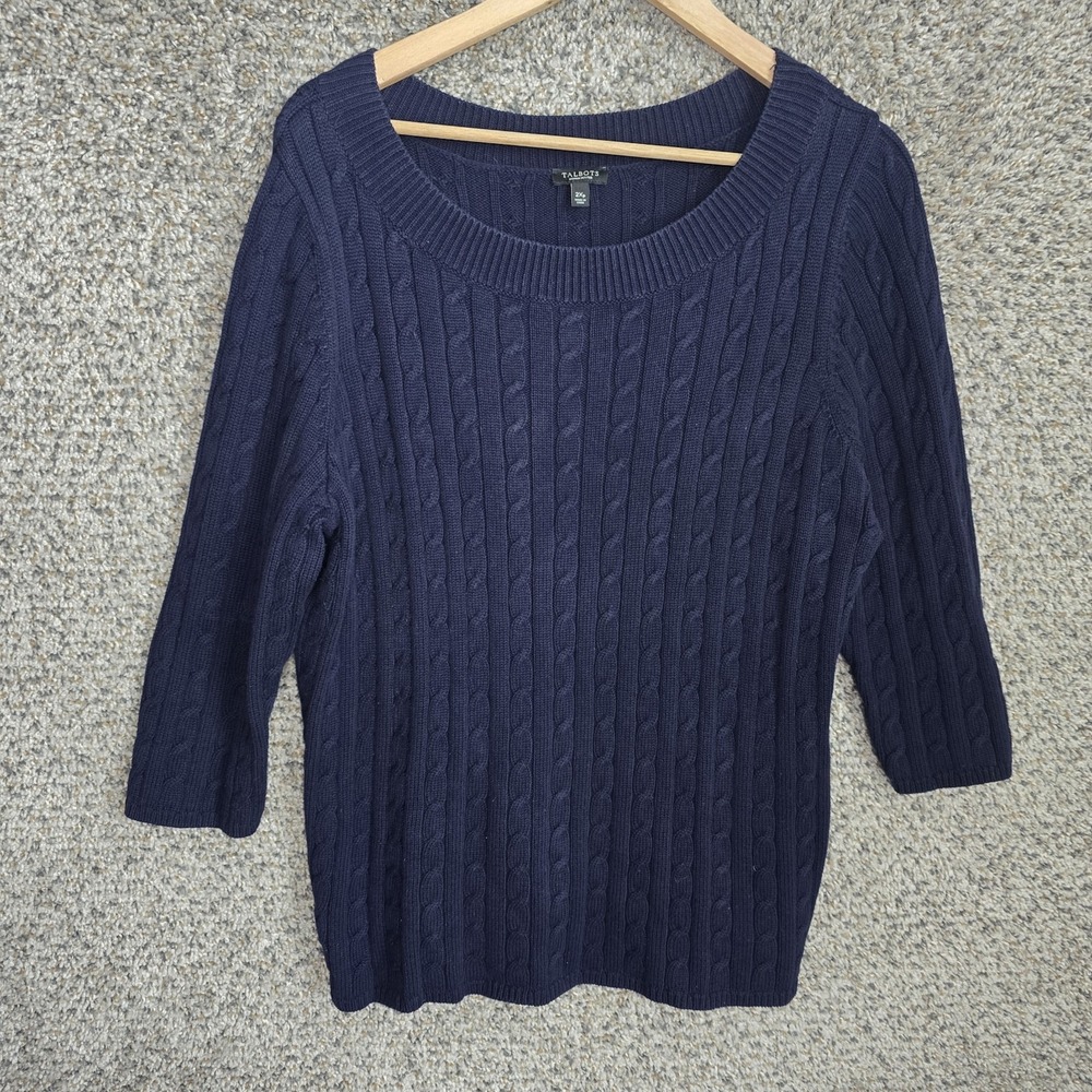 Talbots Sweater Womens 2XP Petite Plus Navy Blue Cable Knit Pullover Ladies